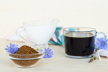 chicory root diet drink with milk or cream on wooden background. natural coffee substitute, flowers Cichorium intybus