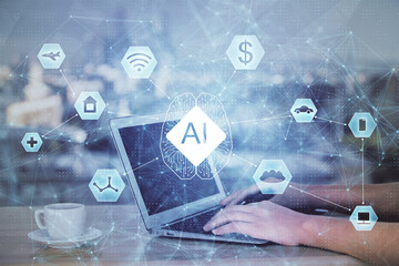 Multi exposure of woman hands working on computer and data theme hologram drawing. Tech concept.