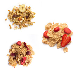 collection of  muesli  and flakes with fruites  isolated on white