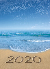 sea, sky, clouds, sand, footprints, inscription 2020,