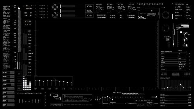 HUD viewfinder frame.Technological futuristic SciFi display.User Interface with digital infographic.Data text code.Information panel.Black and white background for alpha lume matte.