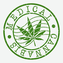 Medical Cannabis Postal. Marihuana Leaf Symbol Silhouette Seal. Round Design. Vector Icon. Design Retro Insignia.