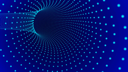 Vector blue tunnel with dots. 3d wormhole dark illustration.