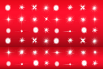 Fototapeta na wymiar Lights sparkles isolated. Vector illustration of white glowing lens flares and sparks, red background.