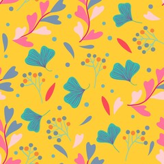 Naklejka na ściany i meble Seamless pattern with plants branches, leaves and berries. Vector illustration
