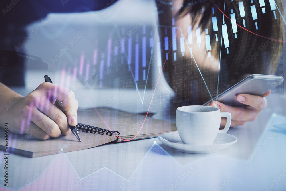 Poster double exposure of forex graph sketch hologram and woman holding and using a mobile device. stock ma