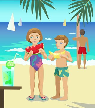 Two children on the beach eating fruits. Man with surfing board. Cocktail. Seascape. Vector illustration.