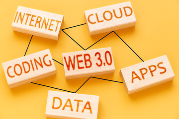 web 3.0 concept. wooden blocks with inscriptions internet, cloud, coding, data, apps