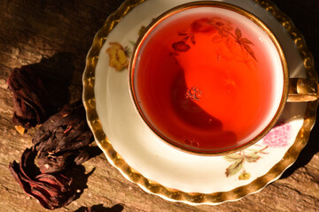 old cup with hisbiscus tea