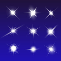 Lights sparkles isolated. Vector illustration of white glowing lens flares and sparks, blue background.