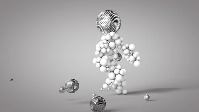 Disco figure with mirror ball head busting some dance moves with mirror ball exploding from him. Party animal theme. 3D render