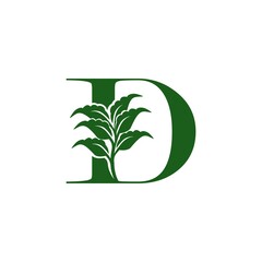 Green Letter D logo with leaf element, vector design ecology concept