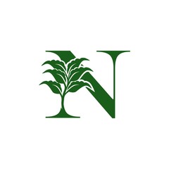 Green Letter N logo with leaf element, vector design ecology concept