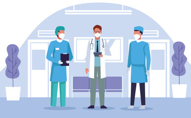 group of doctors staff wearing medical mask in the hospital place