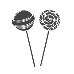 Lollipop candy on stick with twisted design glyph badge. Retro style. Vector illustration.