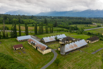 Aerial Drone View of the Northern State Mental Hospital Dairy Barns. The hospital closed in 1976. Much of the former property is now a part of Northern State Recreation Area.