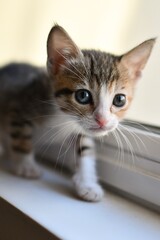 Pequeño gato caminando por la ventana