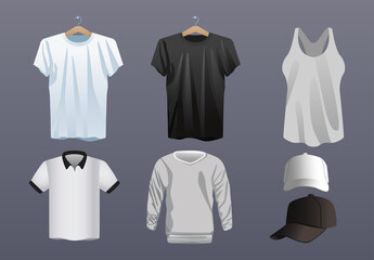 male coats and sport caps with shirts mockup icons