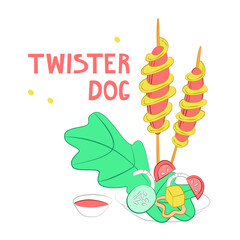 Vector illustration Twister dog with lettuce and ketchup, tomato paste. Concept of fast food restaurants, canteens, snack bars. It can be used in banners, web design, etc. Square format.