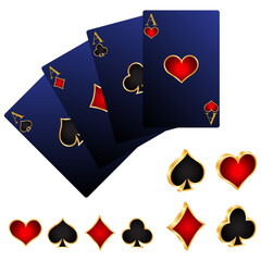Playing cards and symbols with golden details, vector illustration.