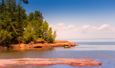 Beautiful Wisconsin Portion of the Lake Superior Shorelines. The Mountainous Regions Dotting the Horizon are the Shorelines of Minnesota 