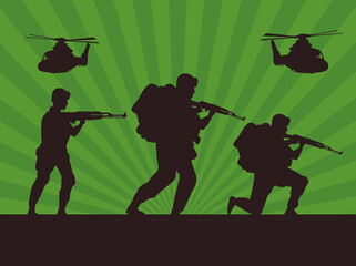 military soldiers with guns and helicopters silhouettes in green background