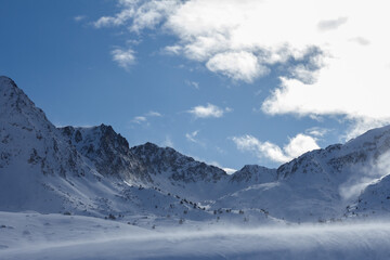 Fototapeta na wymiar Snow Mountains travel to Andorra Europe, flakes snow natural.