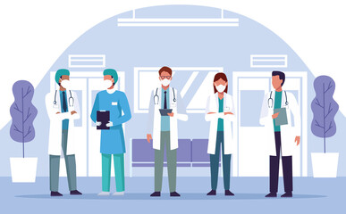 group of doctors staff wearing medical mask in the hospital place
