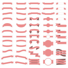 Vector set of 55 ribbons, red colored flat ribbon. White background.