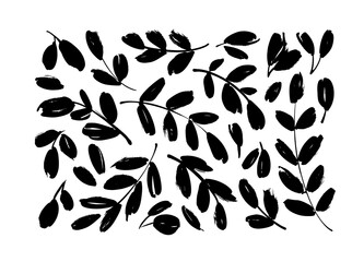 Naklejka premium Brush branches with leaves vector collection. Set of black silhouettes leaves and branches. Hand drawn eucalyptus foliage, herbs, tree twig. Vector ink elements isolated on white background. 