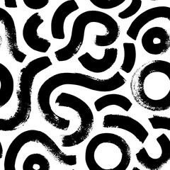 Geometric vector seamless pattern in Memphis style. Grunge brush stroke wavy lines and circles. Hand drawn ink illustration with bold curved lines. Hipster black paint geometric background. 