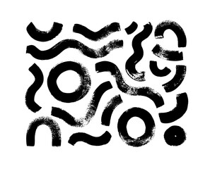 Black paint brush strokes vector collection. Hand drawn curved and wavy lines with grunge circles. Chaotic ink brush scribbles decorative set. Messy doodles, bold curvy lines illustration.