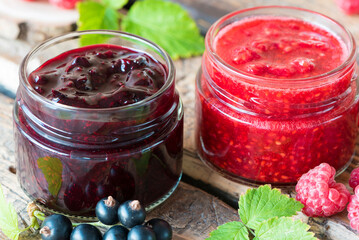 raspberry and currant jam in small jars