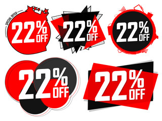 Set Sale 22% off banners, discount tags design template, lowest price, vector illustration