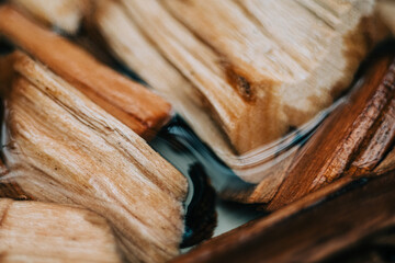 Close up of wood on and under water. 