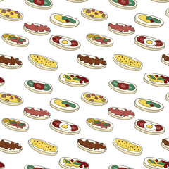 Doodle cartoon hipster style seamless pattern vector illustration. A set of bruschetta tapas canape appetizers. Bar restaurant menu ads, card, farmers market food decor, website design or fabric