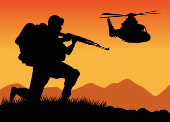 military soldier with gun and helicopter silhouette figure in the camp