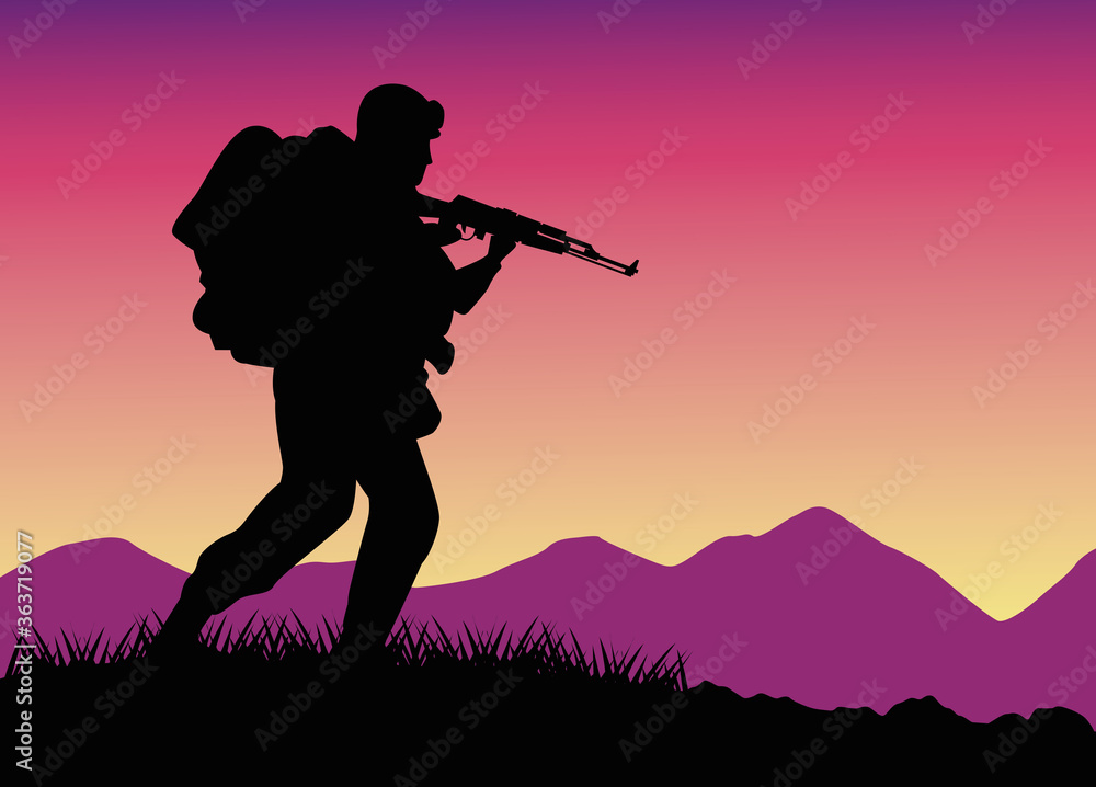 Wall mural military soldier with gun silhouette figure in the field