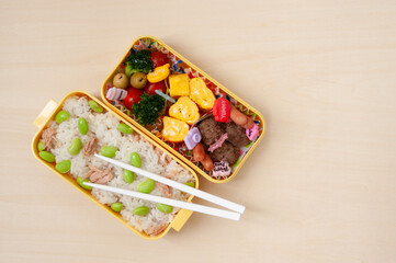 Japanese cuisine - Traditional homemade Bento box with rice, meat, egg, fish, vegetables and grains. For children to take to school. Top view. Copy space.