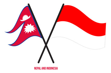 Nepal and Indonesia Flags Crossed And Waving Flat Style. Official Proportion. Correct Colors.