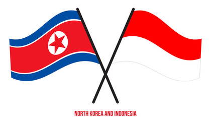 North Korea and Indonesia Flags Crossed And Waving Flat Style. Official Proportion. Correct Colors.