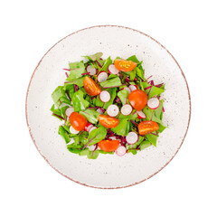 Healthy nutrition. light salad of beetroot leaves, radish and cherry tomatoes