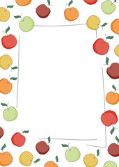Doodle cartoon hipster style frame border ornament illustration. Red, orange, yellow green apples. Bar restaurant menu, card, farmers market food decor. A4 size with free blank copy space for text
