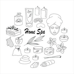 Home Spa. A set of items for body care. Simple outline black and white drawing. Vector image. Elements for your design.