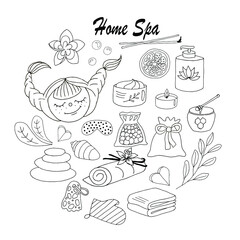 Home Spa. A set of items for body care. Simple outline black and white drawing. Vector image. Elements for your design.