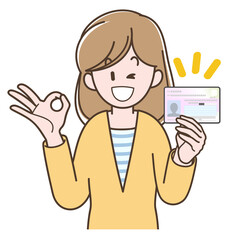 マイナンバーカードを持つ若い女性のイラスト