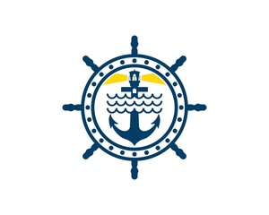 ship steering wheel with anchor and lighthouse inside