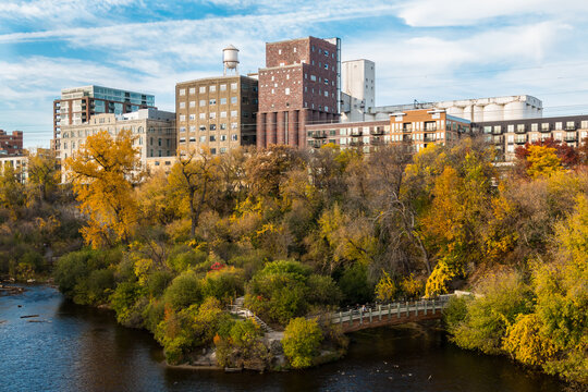 Hennapin Island Seen From The Stone Arch Bridge, Minneapolis, Minnesota, USA