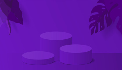 Podiums with leaves for product display design violet background. 3D illustration