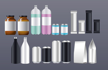 bottles and cans products packing branding icons